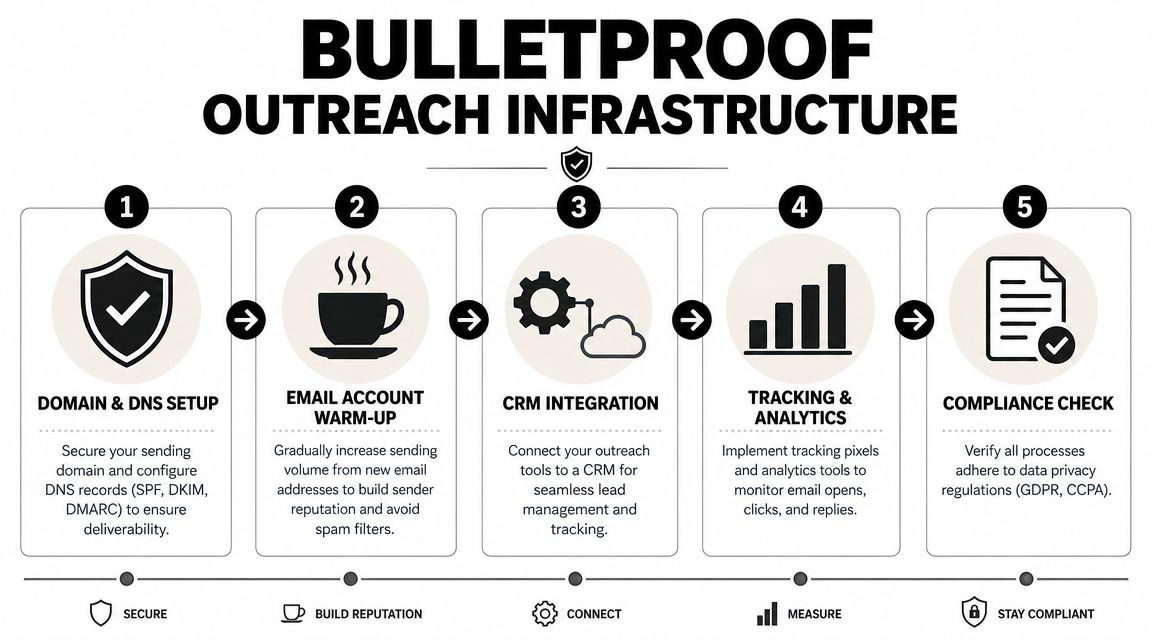 A five step infographic illustrating the essential infrastructure for setting up secure, high-deliverability email outreach campaigns.