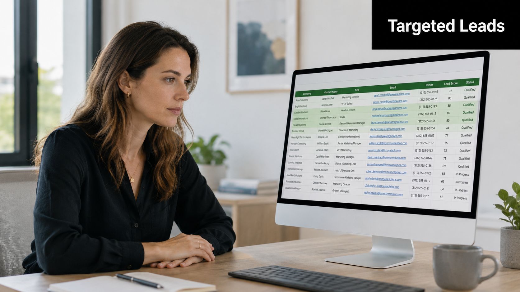 A professional woman at a desk looking at a monitor displaying a list of targeted business leads.