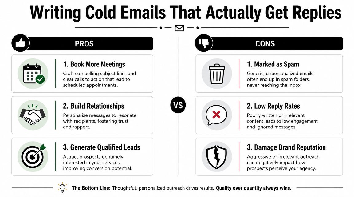 An infographic comparing the pros and cons of writing cold emails for successful lead generation.
