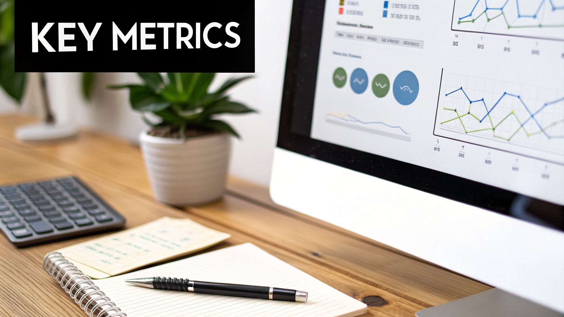 A desk with a computer displaying key metrics, charts, and graphs, alongside a notebook and pen.