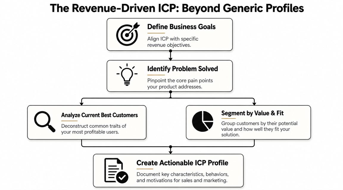 A flowchart showing the process of creating a revenue-driven Ideal Customer Profile for business growth.