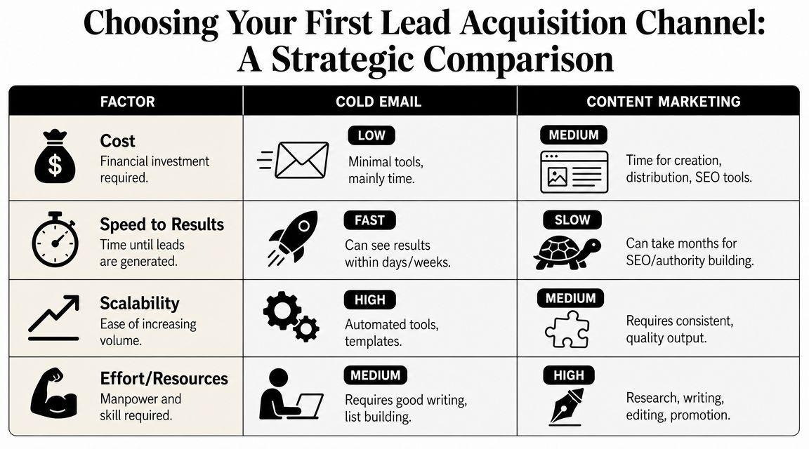 A comparison table outlining key differences between cold email and content marketing for lead acquisition strategies.