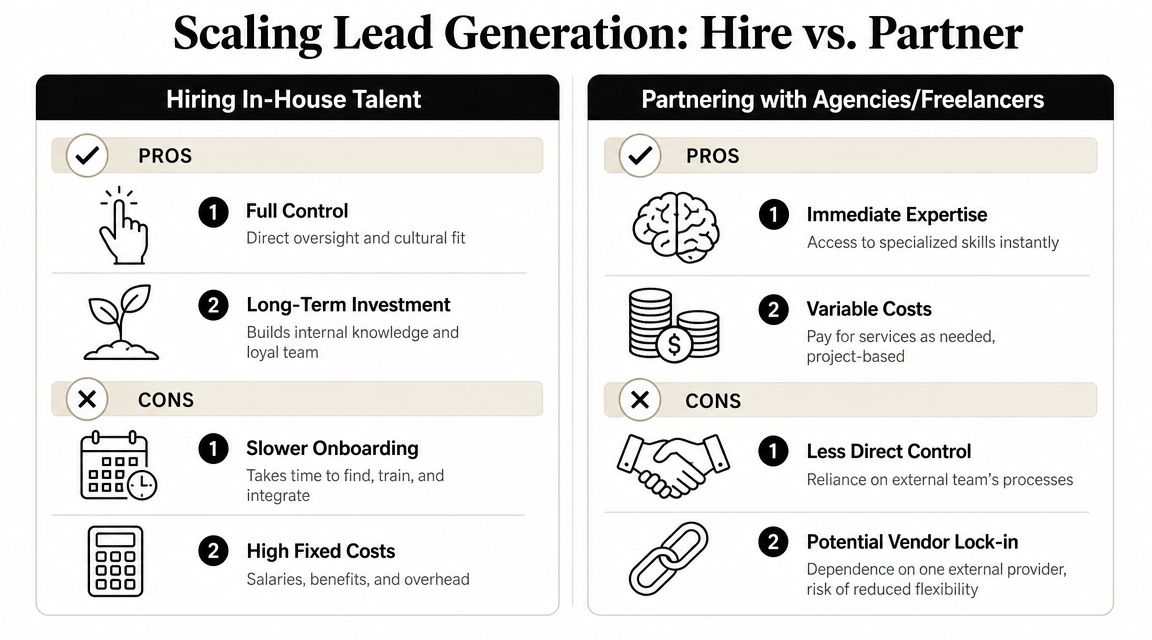 A comparison chart outlining the pros and cons of hiring in-house talent versus partnering with external lead generation agencies.