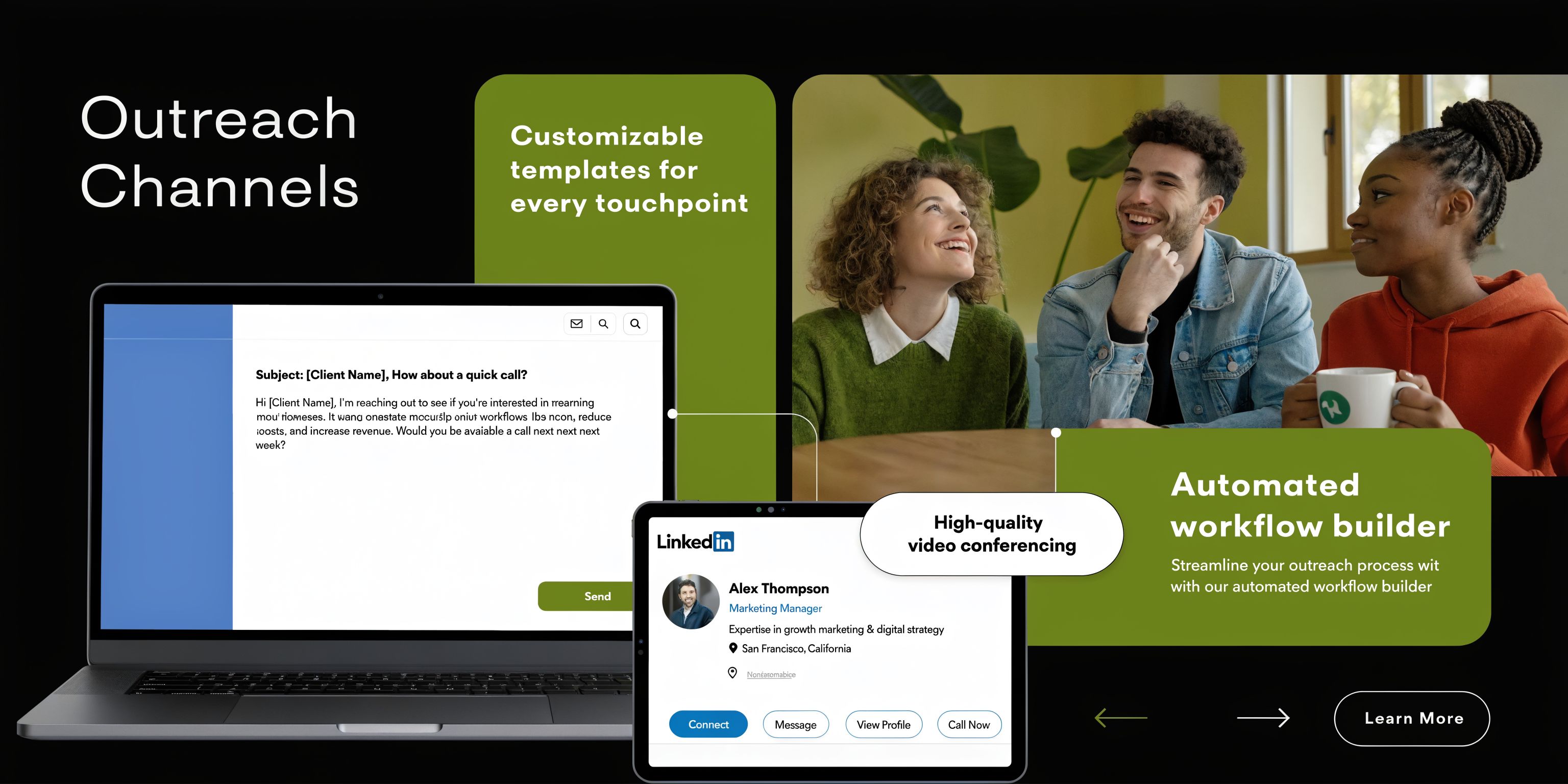 A digital marketing interface showing automated outreach channels, email templates, and team video conferencing tools for businesses.
