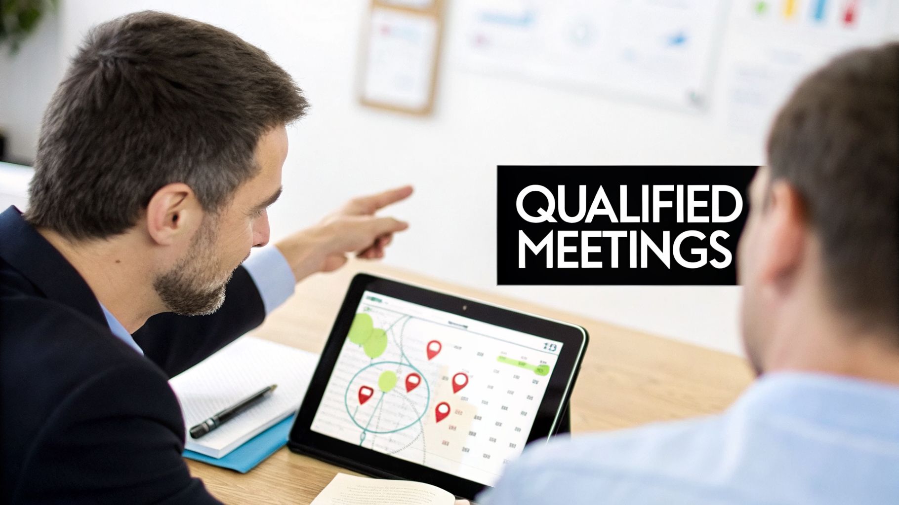 Two businessmen analyzing data on a tablet, focusing on a strategy for qualified meetings.
