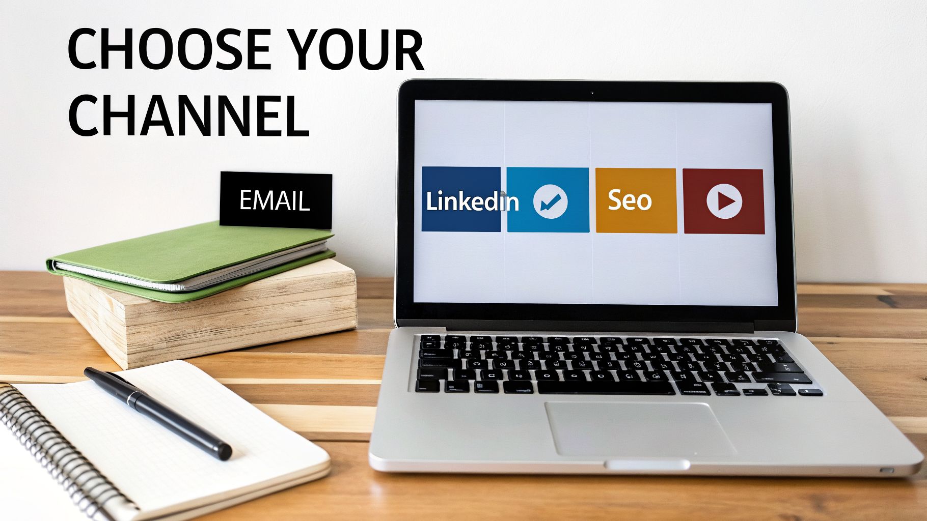 Laptop showing LinkedIn, SEO, and video marketing channels with an 'EMAIL' sign and 'CHOOSE YOUR CHANNEL' text.