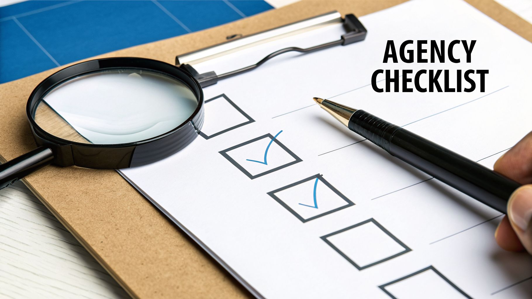 A person marks items on an 'Agency Checklist' with a pen, next to a magnifying glass.