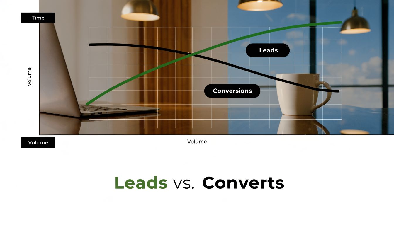 A graph illustration comparing the trends of leads and conversions over a period of time.