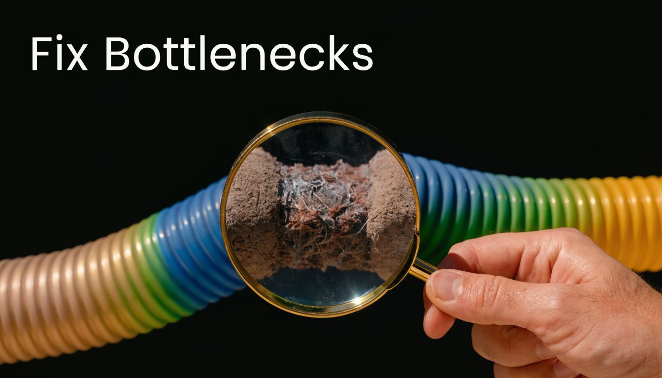 A hand holds a magnifying glass over a clogged and dirty section of a colorful plastic hose.