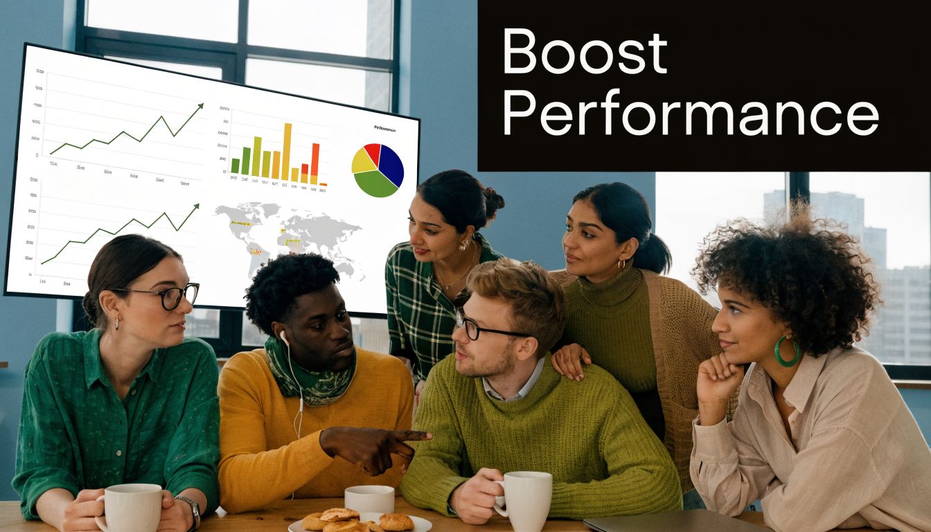A diverse team of professionals collaborating in an office while reviewing business performance charts on screen.