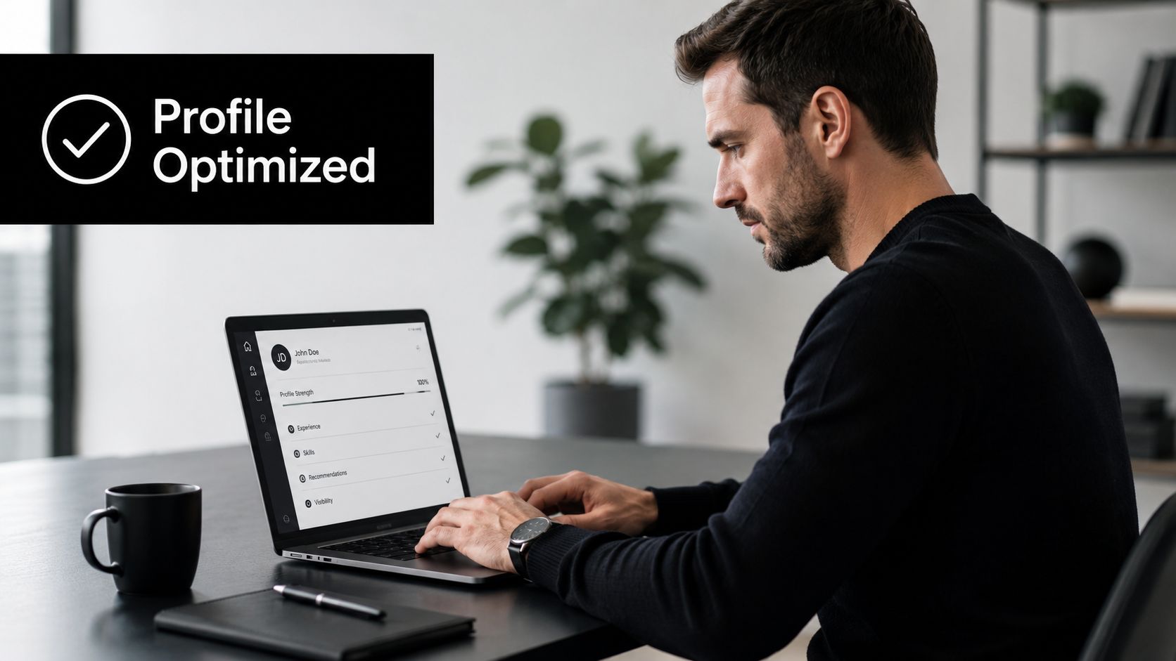 A professional man working on a laptop showing a perfectly optimized LinkedIn profile strength indicator.