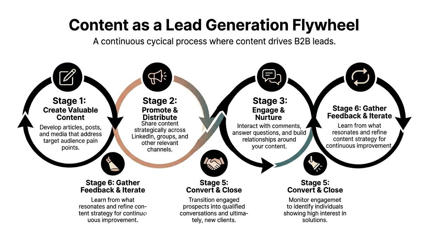 A diagram illustrating a six-stage Content as a Lead Generation Flywheel process for B2B marketing strategies.