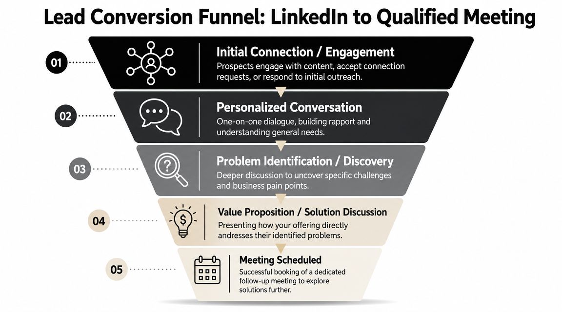 A five-step funnel chart illustrating the process of converting LinkedIn connections into qualified business meetings.