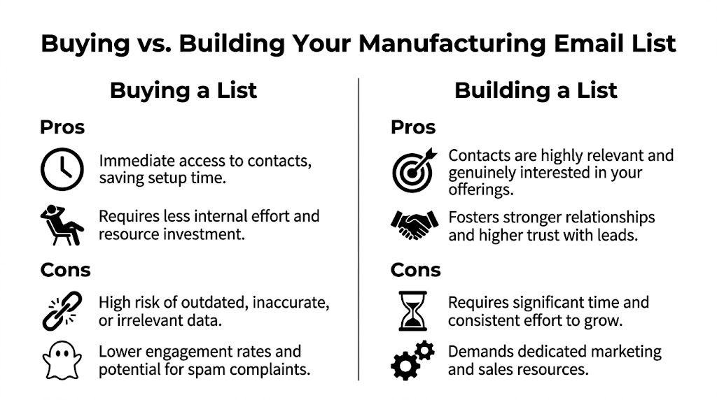 A comparison chart outlining the pros and cons of buying versus building a manufacturing email list.