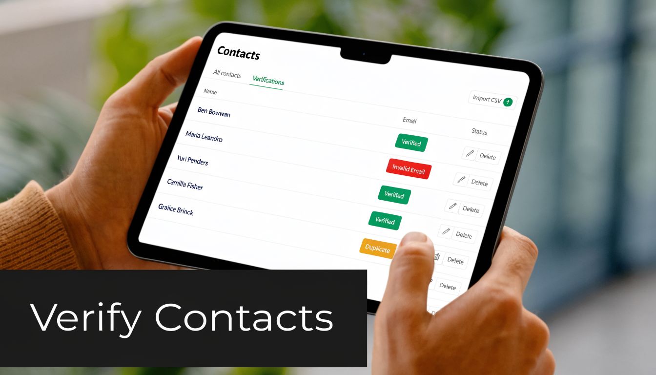 A person holds a tablet displaying a contact verification list with email status labels like verified and invalid.