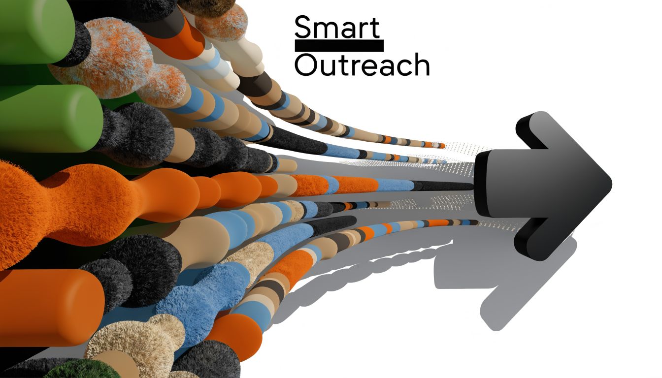 A 3D visualization showing various colorful textured segments converging into a single large dark arrow icon.