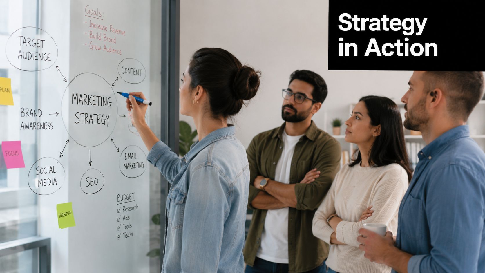 A diverse business team collaborating on a marketing strategy project using a glass whiteboard in an office.