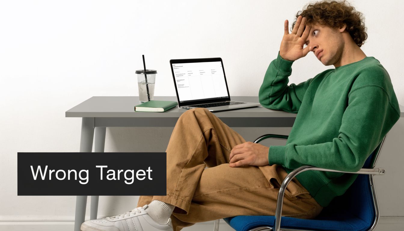 A young man sitting at a desk with a laptop, looking frustrated and confused while working.
