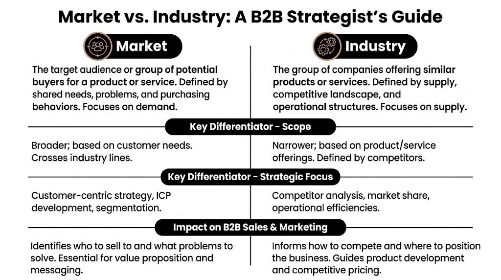 A comparison chart outlining the key differences between a market and an industry in B2B strategy.