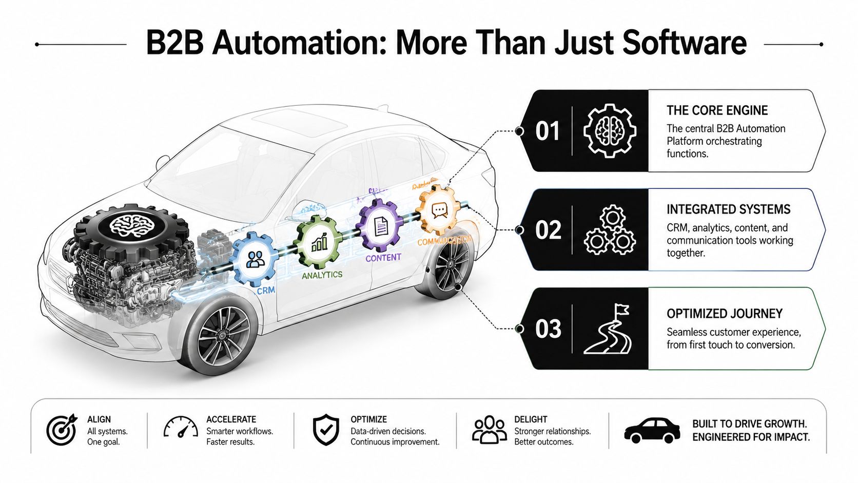 A diagram illustrating B2B marketing automation by comparing its components to parts of a car engine.