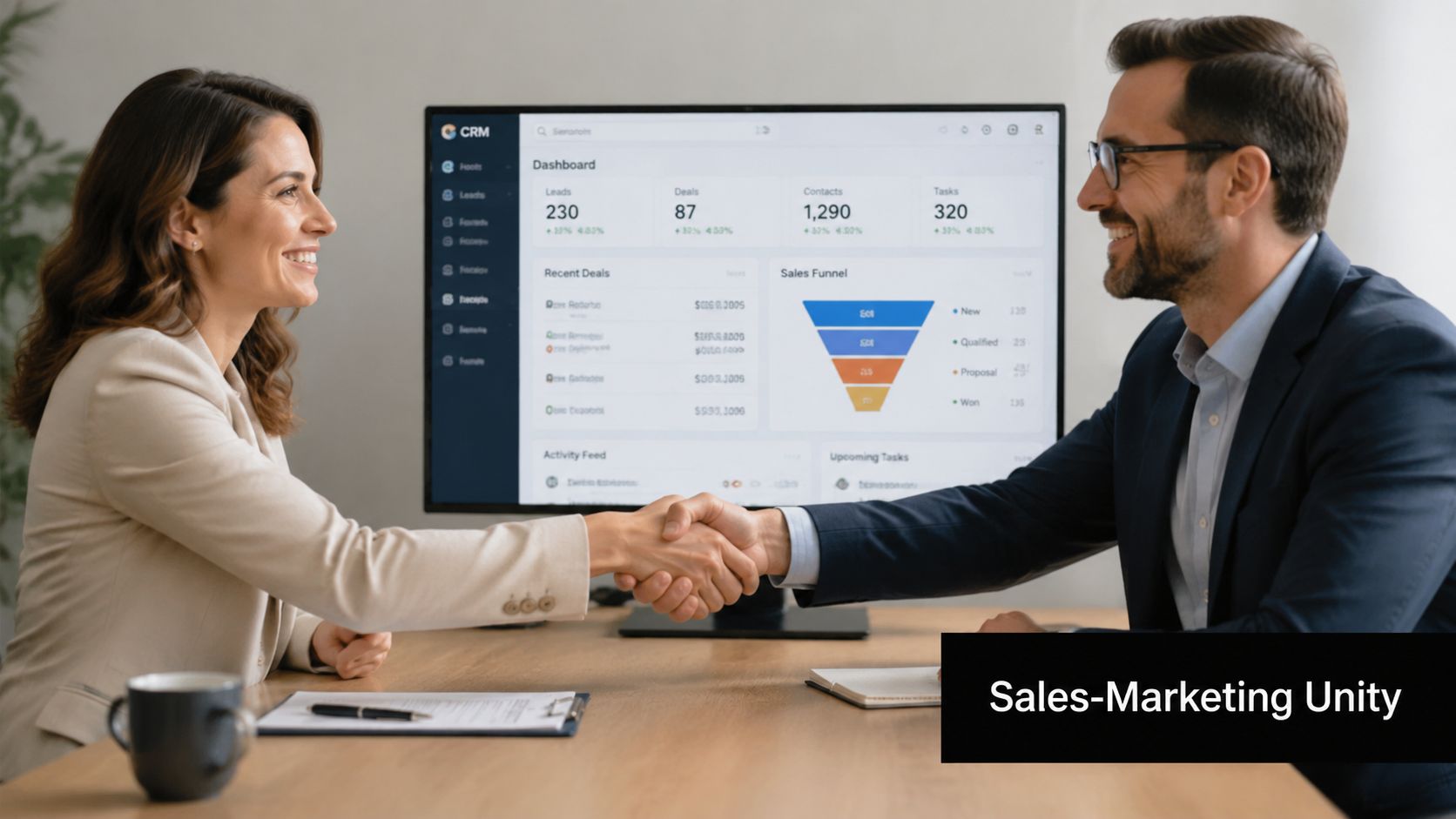 A professional man and woman shaking hands in an office with a CRM dashboard on the screen.
