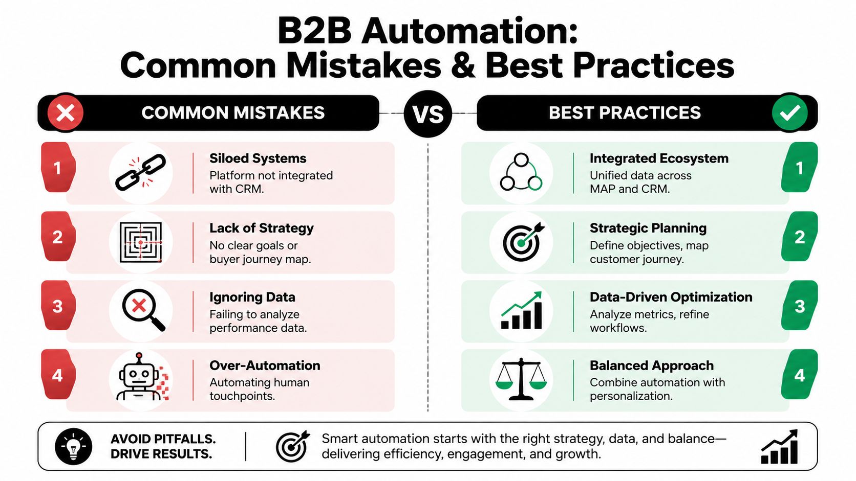 An infographic comparing common B2B marketing automation mistakes against recommended best practices for improved business results.
