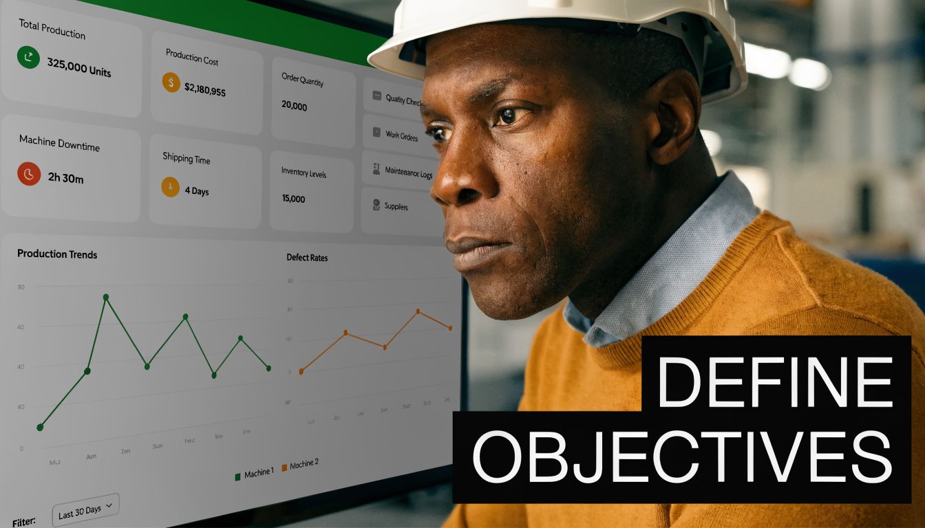 A production manager reviewing manufacturing performance data and key performance indicators on a digital dashboard display.