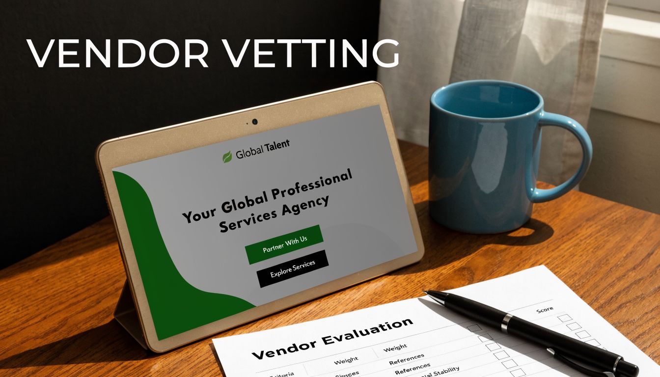 A digital tablet displaying Global Talent website next to a vendor evaluation form and a pen.