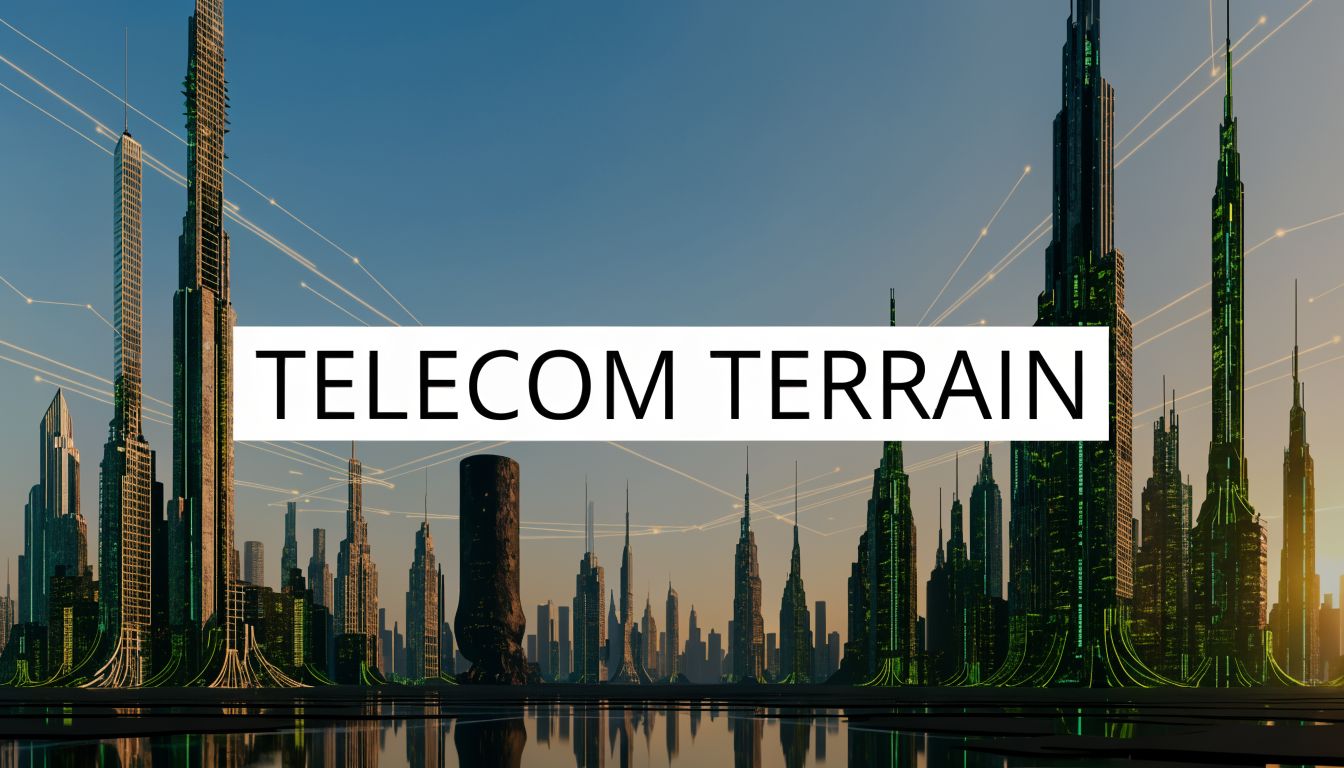 A futuristic digital city skyline representing advanced telecommunications infrastructure with glowing data connection lines.