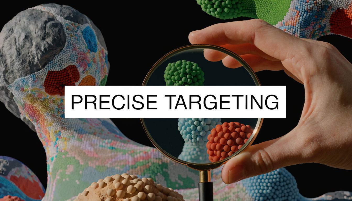 A hand holding a magnifying glass over colorful microscopic structures against a dark background.