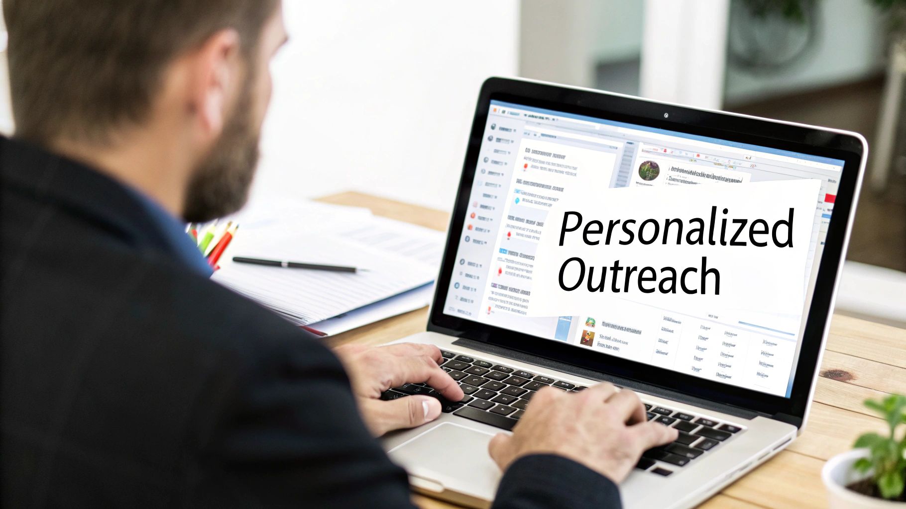 A person is typing on a laptop screen displaying 'Personalized Outreach' while working at a desk.