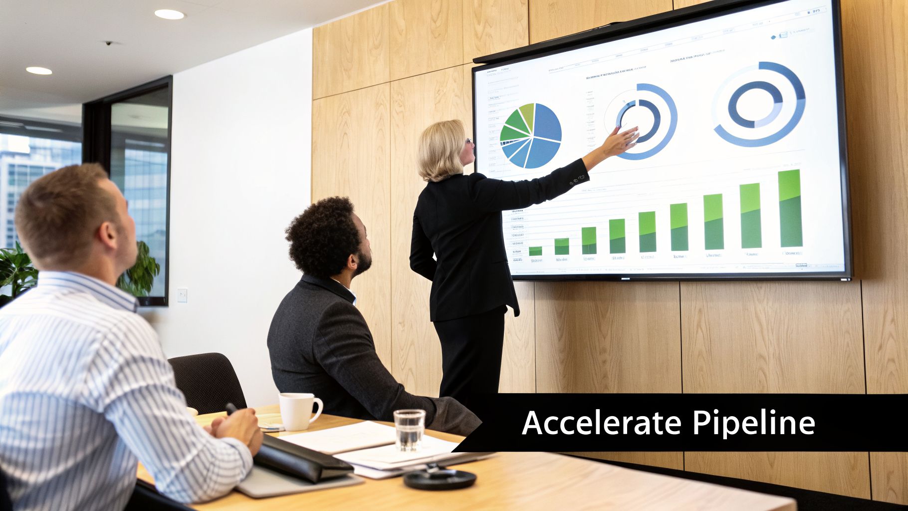 Business colleagues review data charts on a large screen during a presentation, focusing on pipeline acceleration.