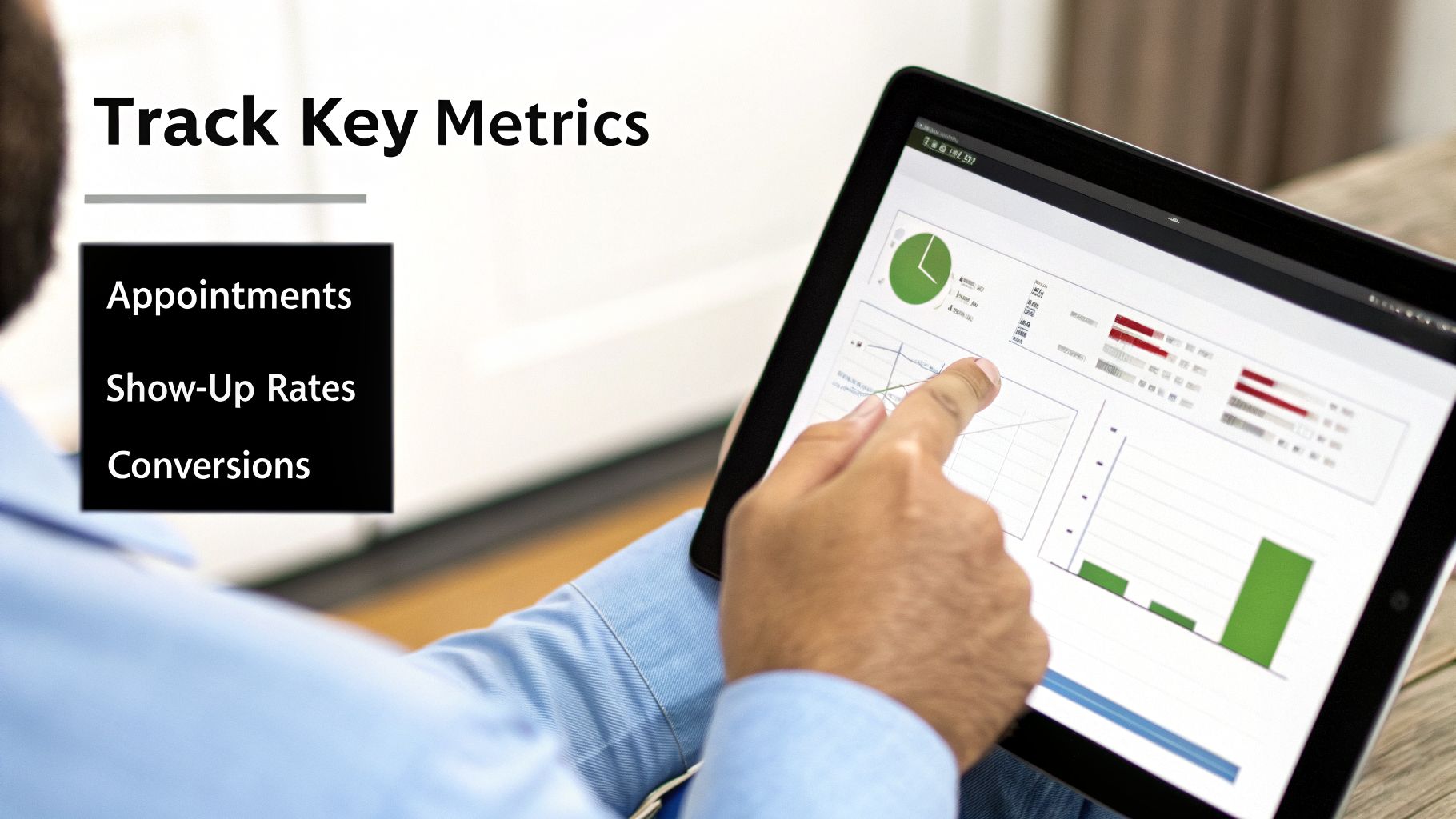 A person tracks key business metrics like appointments, show-up rates, and conversions on a digital tablet.