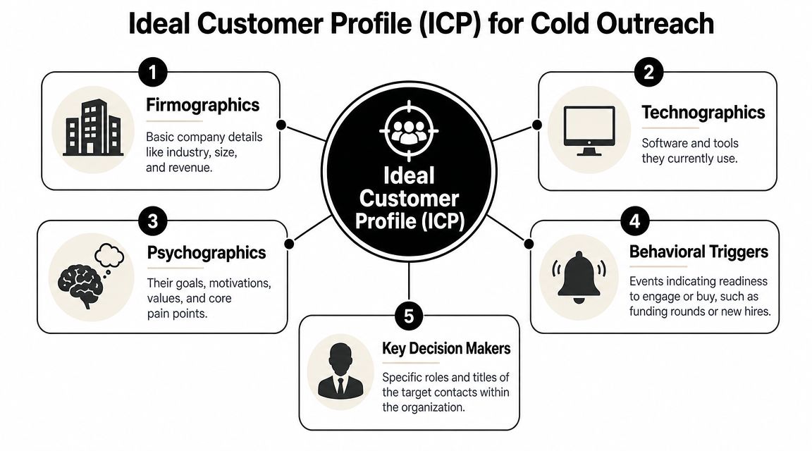 A diagram illustrating the five key components of an Ideal Customer Profile for B2B cold outreach strategy.
