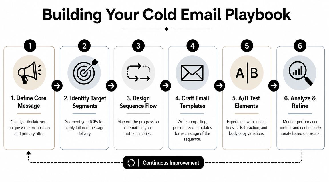 A six-step flow chart illustrating the process of building an effective cold email marketing strategy.