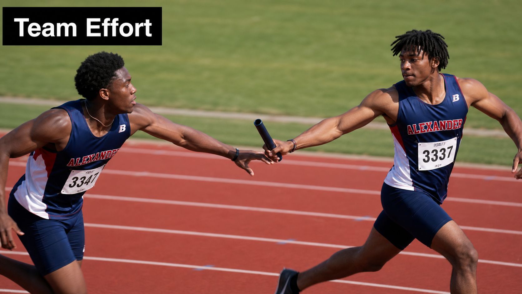 Two athletes in blue Alexander track uniforms performing a baton exchange during a relay race.