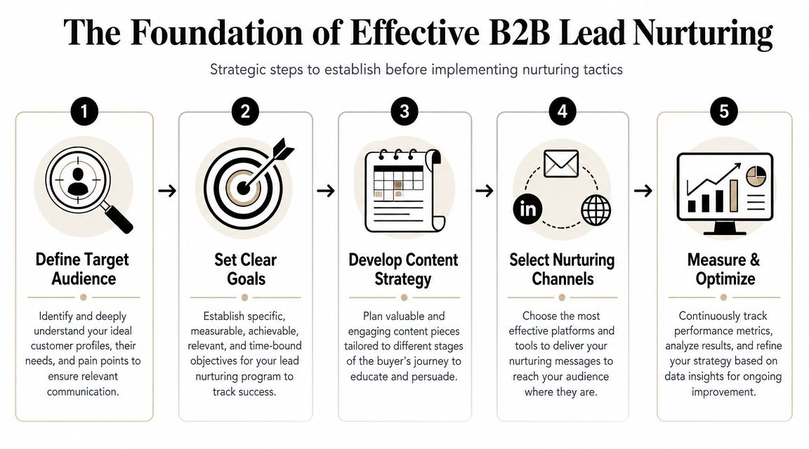 A flowchart showing five strategic steps for building an effective B2B lead nurturing program for businesses.