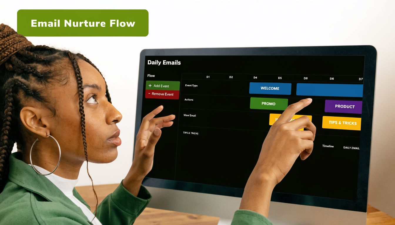 A professional woman interacting with a digital interface for designing an automated email marketing nurture campaign.