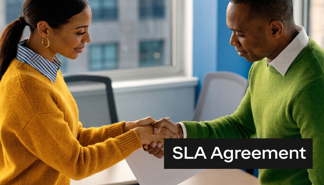 A professional woman in a yellow sweater shaking hands with a man over an SLA agreement document.