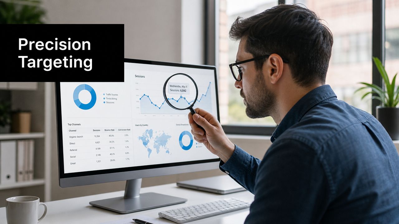 A man wearing glasses uses a magnifying glass to analyze digital marketing data on his computer monitor.