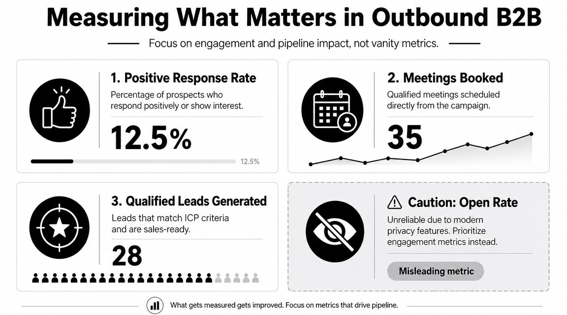 An infographic showing key B2B outbound metrics including positive response rate, meetings booked, and qualified leads generated.