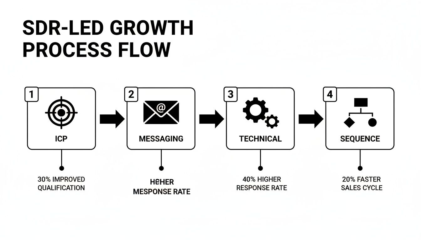 SDR-led growth process flow diagram detailing four steps: ICP, Messaging, Technical, and Sequence with their respective outcomes.
