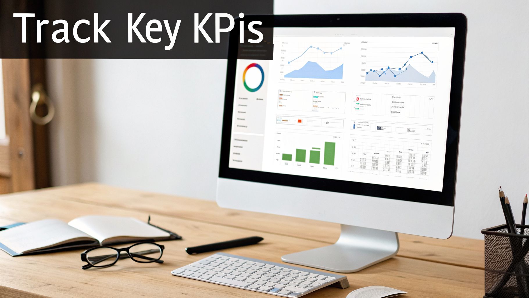A modern workspace with a computer screen displaying KPI tracking dashboards, charts, and data.