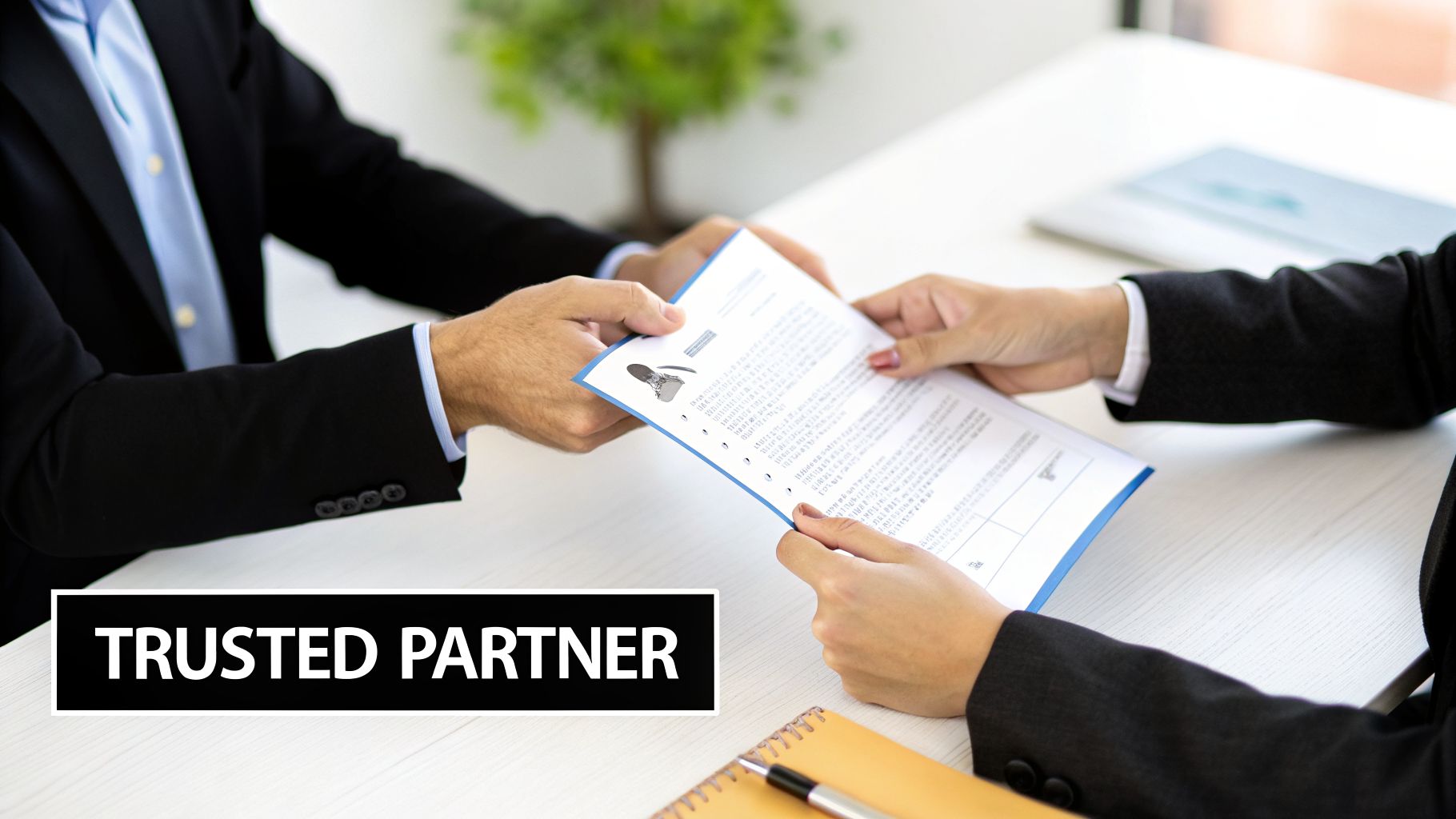 Close-up of two business professionals in suits exchanging a document, possibly a resume or contract, on a white table.