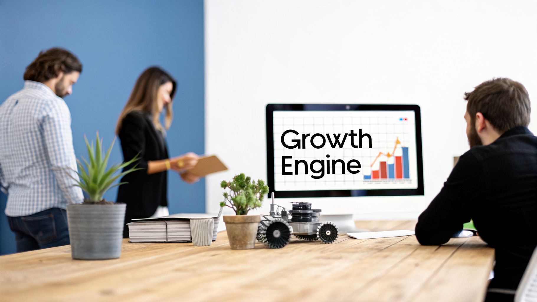 Business professionals in a modern office reviewing 'Growth Engine' data and charts on a computer screen.