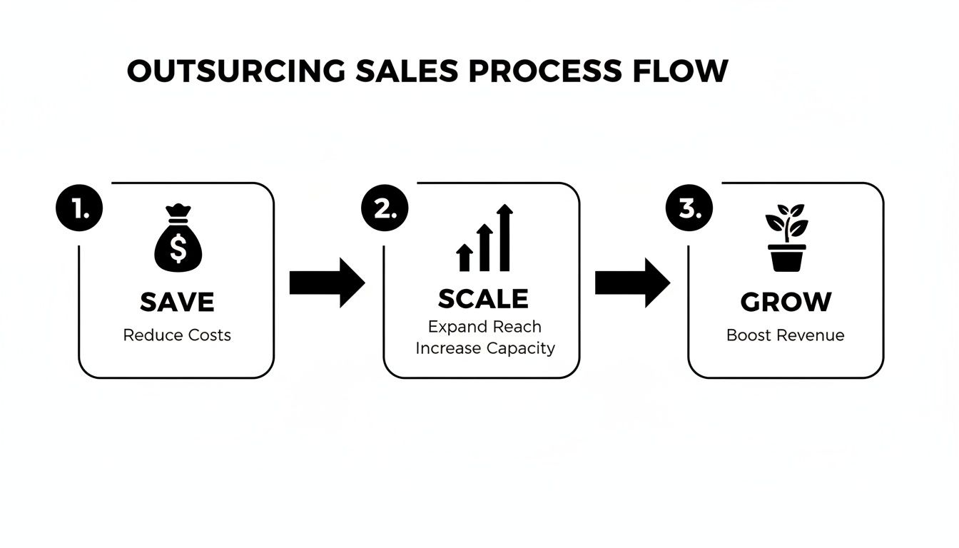 Outsourcing sales process flow diagram showing steps to save, scale, and grow revenue.