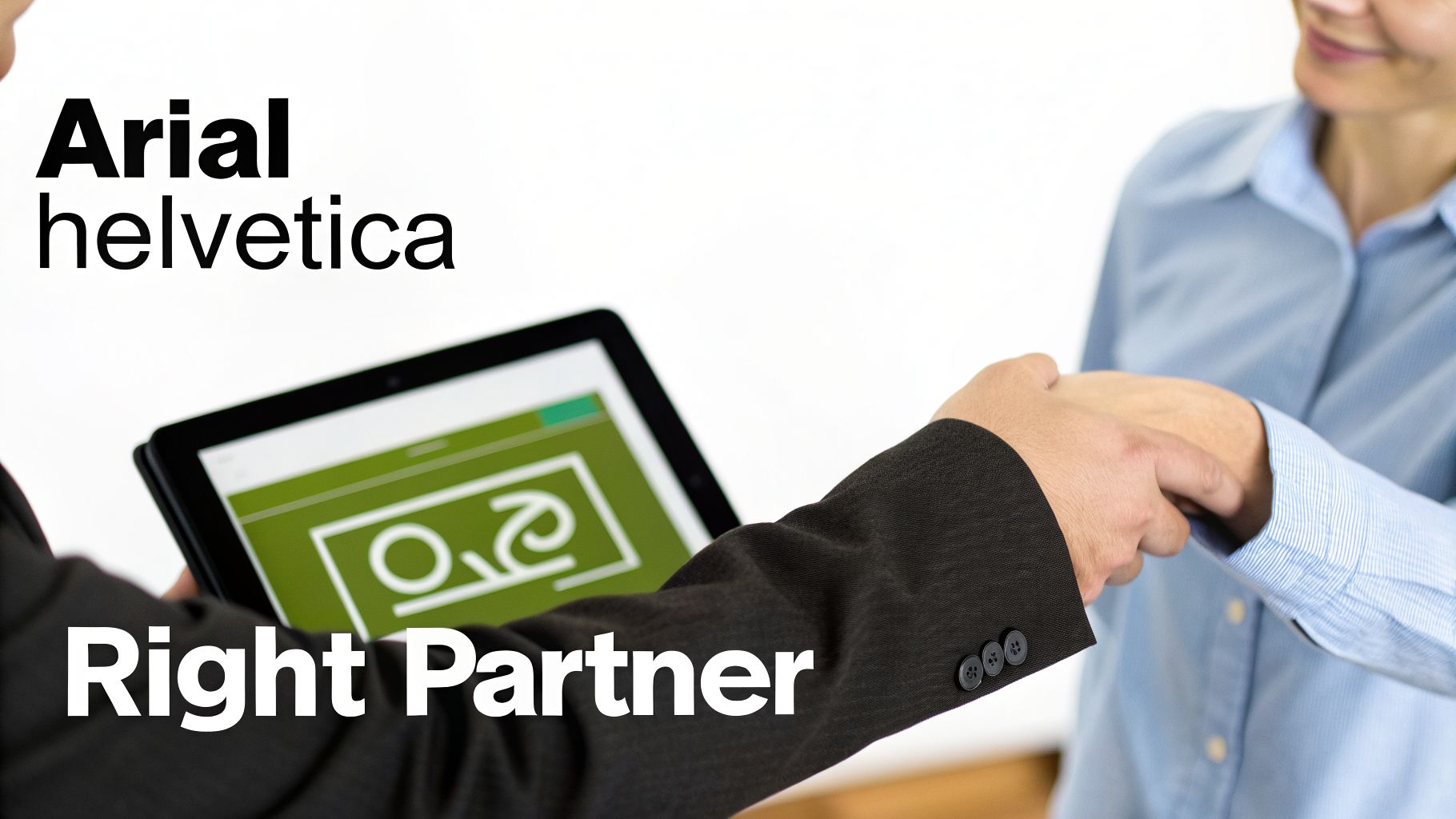 Two professionals shake hands, one holding a tablet, with text 'Arial helvetica' and 'Right Partner' visible.