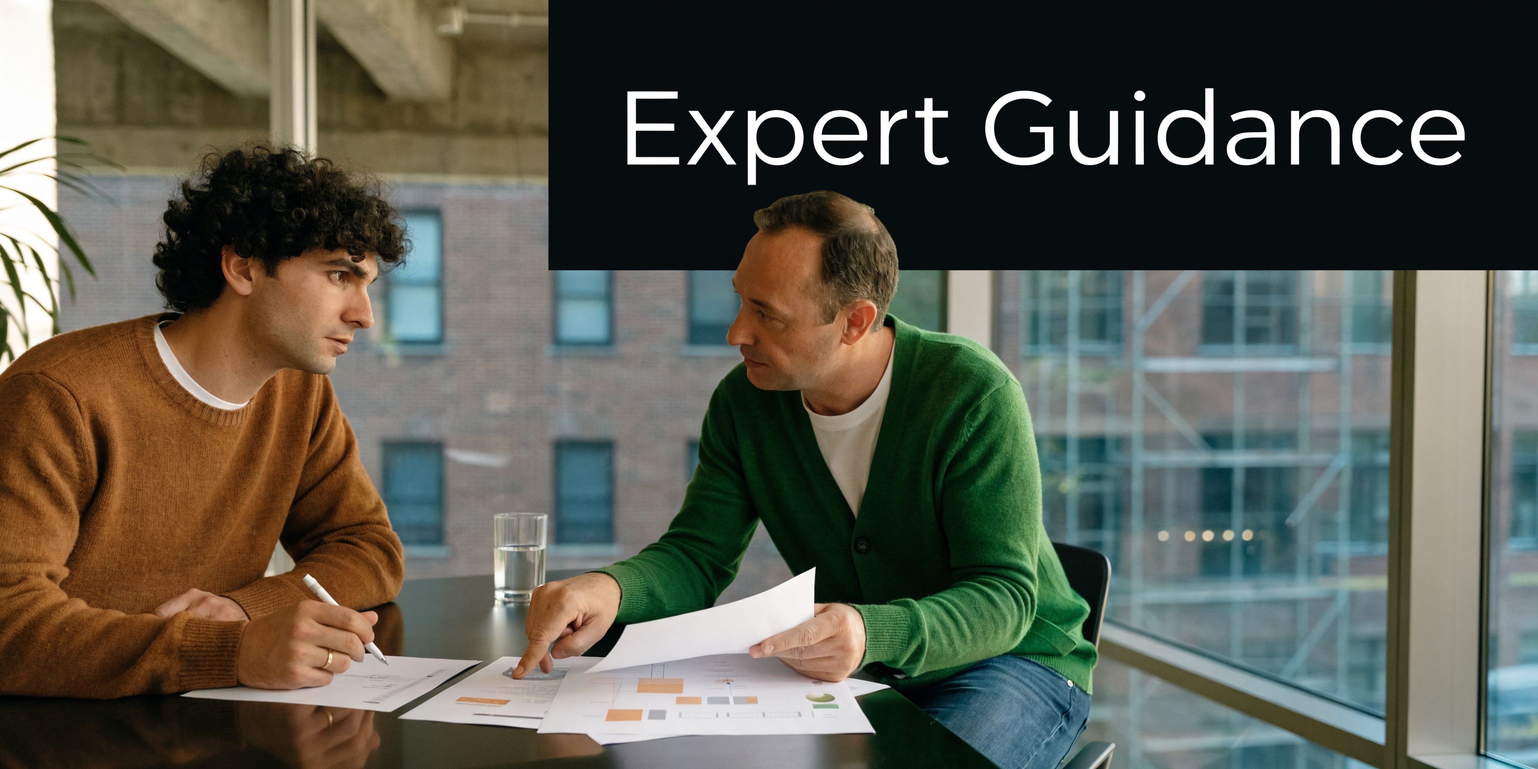 A professional mentor providing expert guidance and advice to a young entrepreneur during an office meeting.