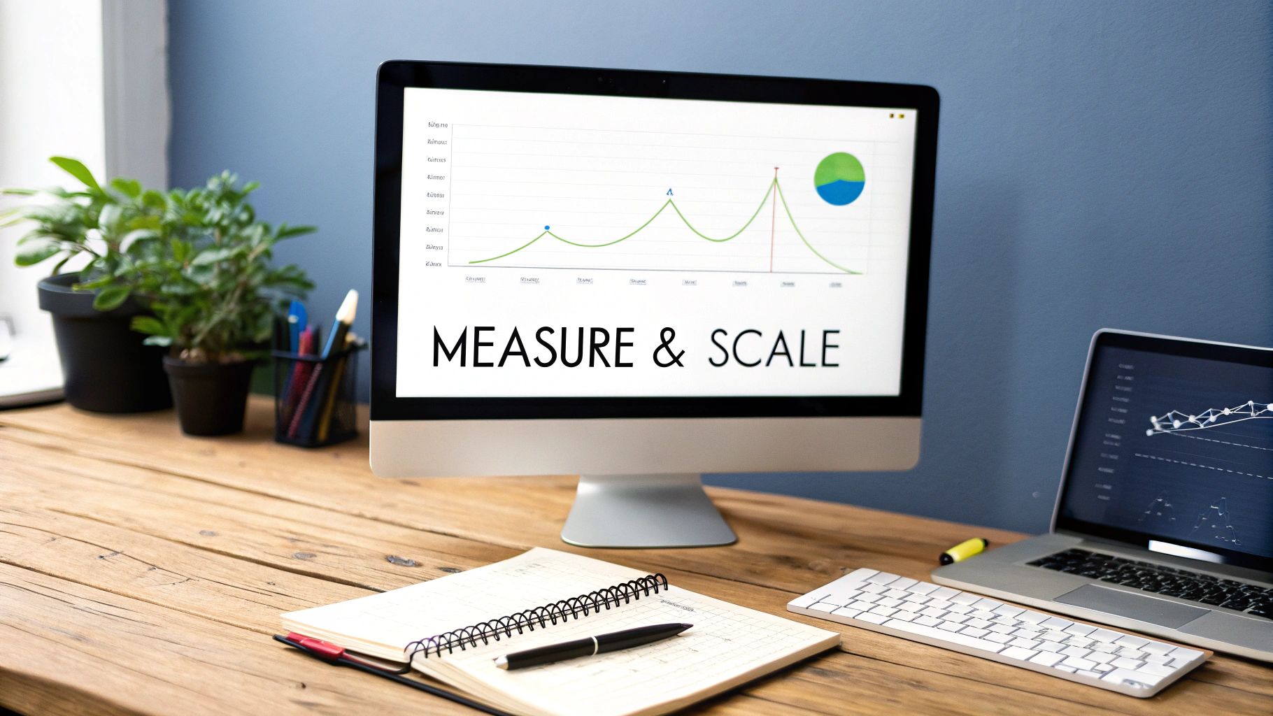A desktop computer displays a graph and 'MEASURE & SCALE' on a wooden desk with a laptop and notebook.