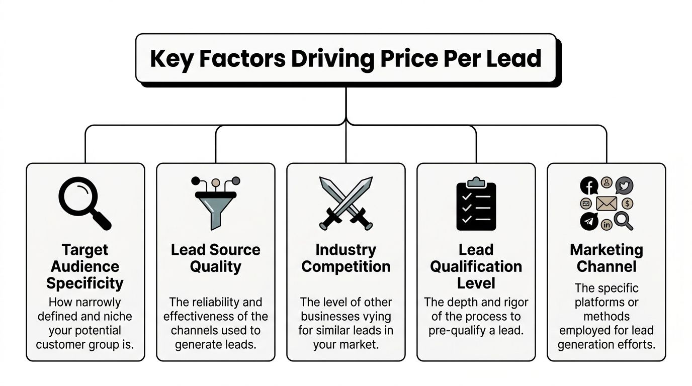 A flowchart infographic titled Key Factors Driving Price Per Lead, outlining five core elements impacting lead generation costs.